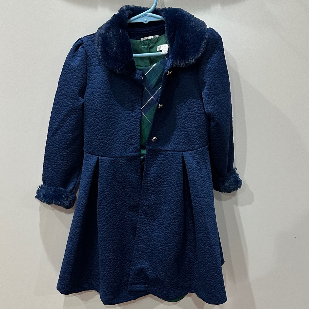 Tahari Girl Faux Fur Coat and Plaid Holiday Dress Size 5